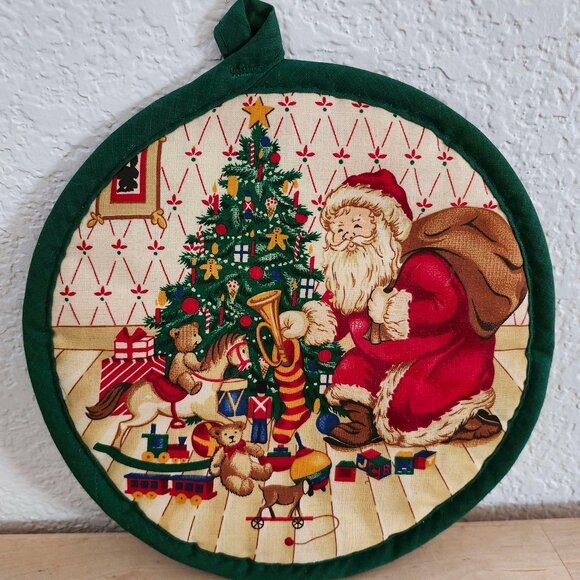 VGUC Vintage Handmade OLD WORLD Santa w/ Toy Bag Green Christmas Pot Holder - Picture 1 of 2
